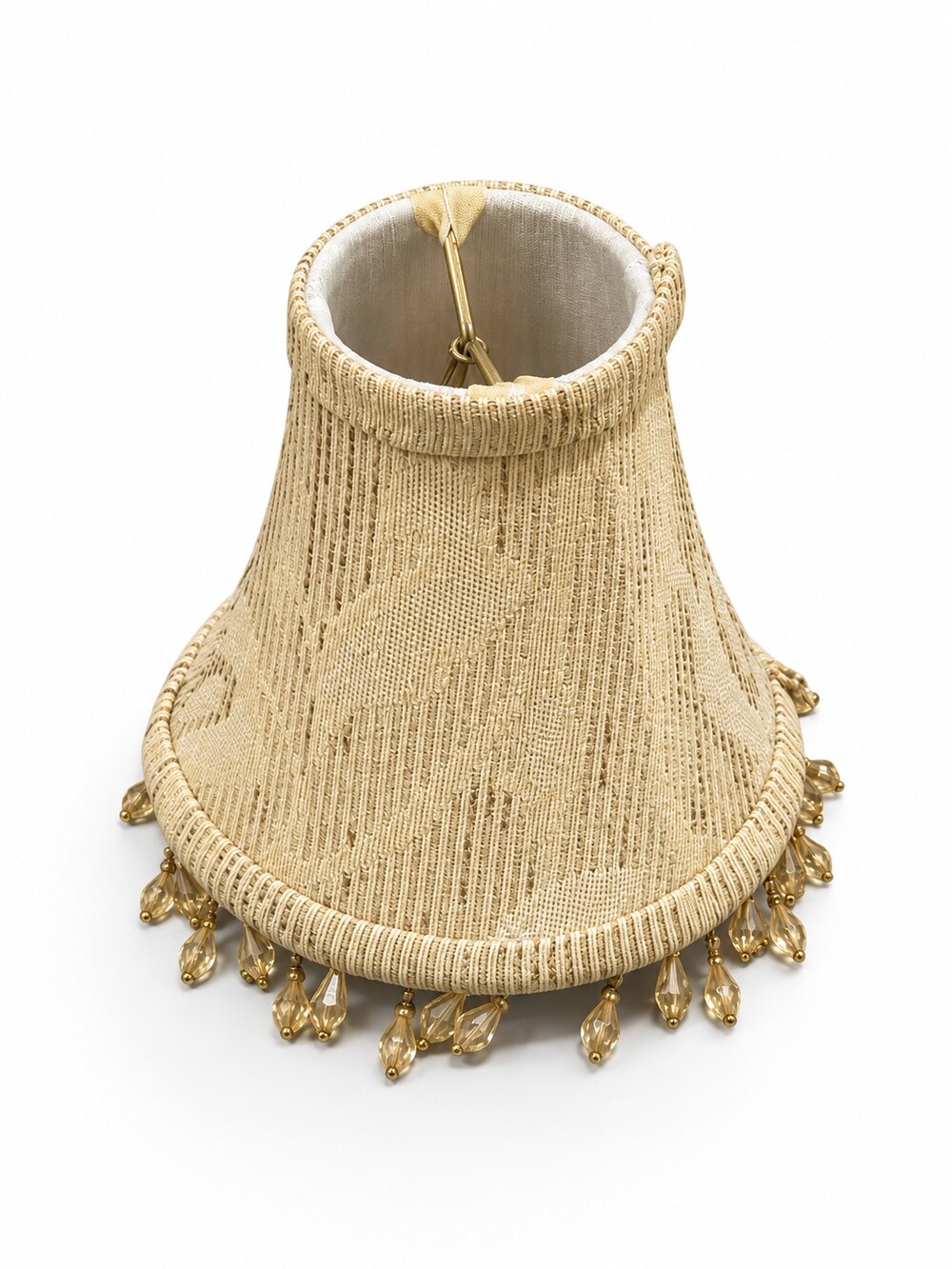Vintage Small Tan Fabric & Beaded Lamp Shade